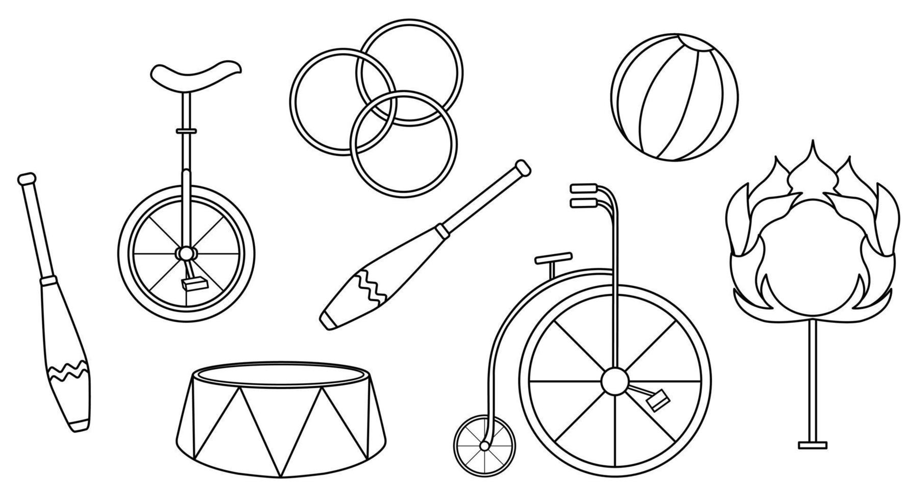 vector illustration set of circus equipment, accessories for circus, for circus performance, doodle and sketch