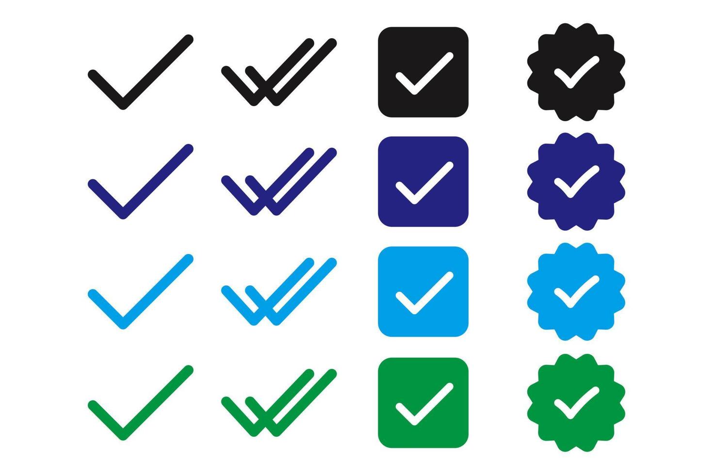 Check mark right or correct icon. Different colors and different shapes checklist vector design. Check-mark icon for business, office, poster, and web designs.