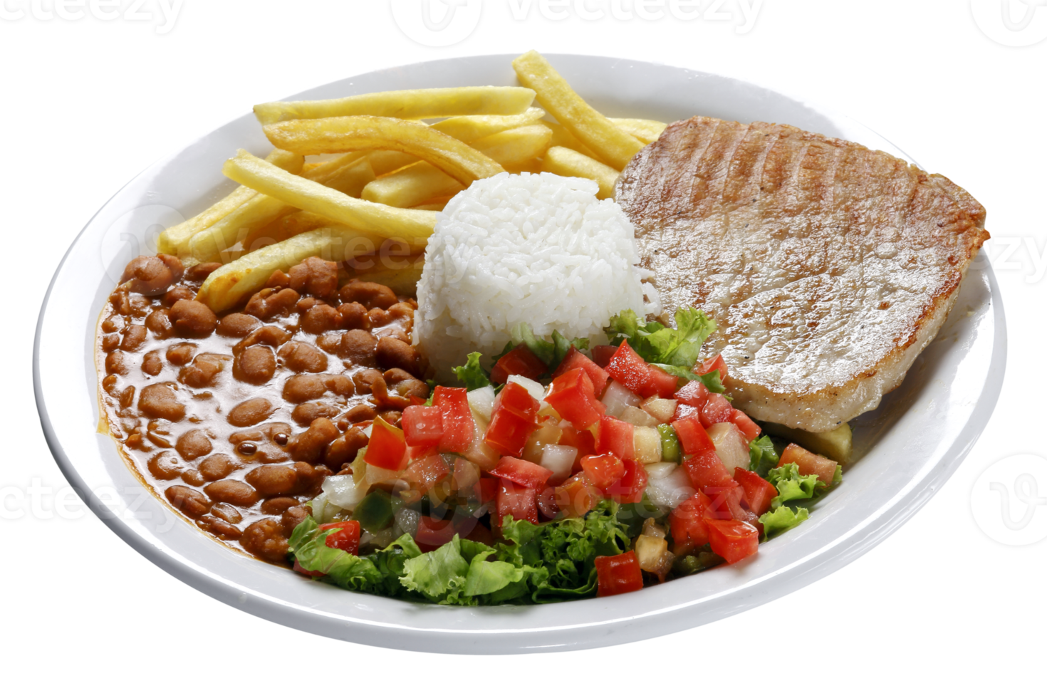 Rice, beans, grilled pork, salad and french fries png