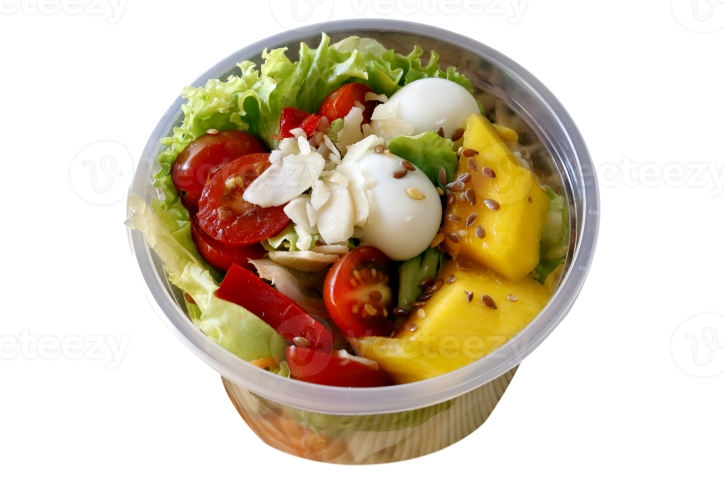 Fresh vegetable salad in an open plastic bowl packing png