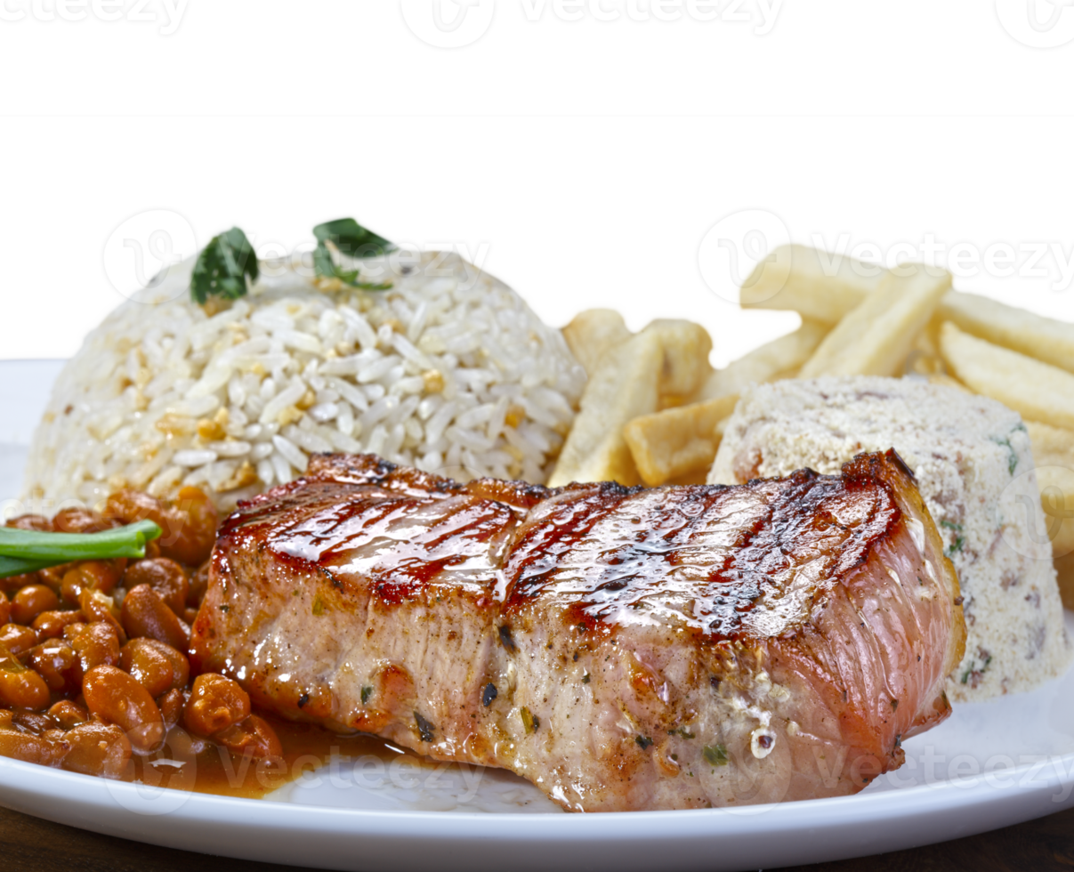 Grilled pork with rice, beans, farofa and french fries png