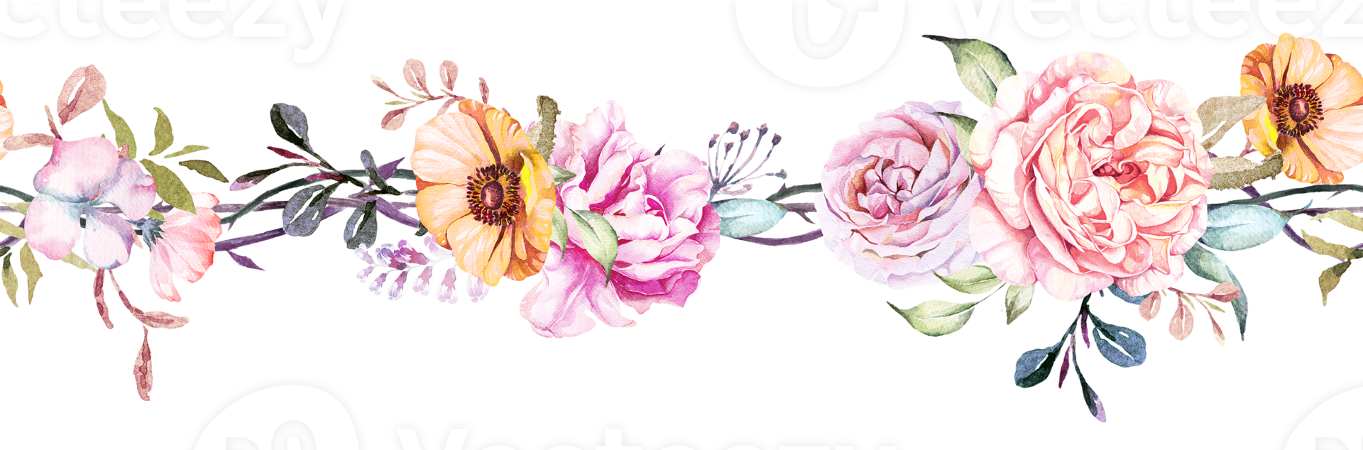 Seamless flower border.Floral pattern with leaf and rose.Seamless botanical floral rim, for cards, wedding or fabric.Hand draw with watercolor. png