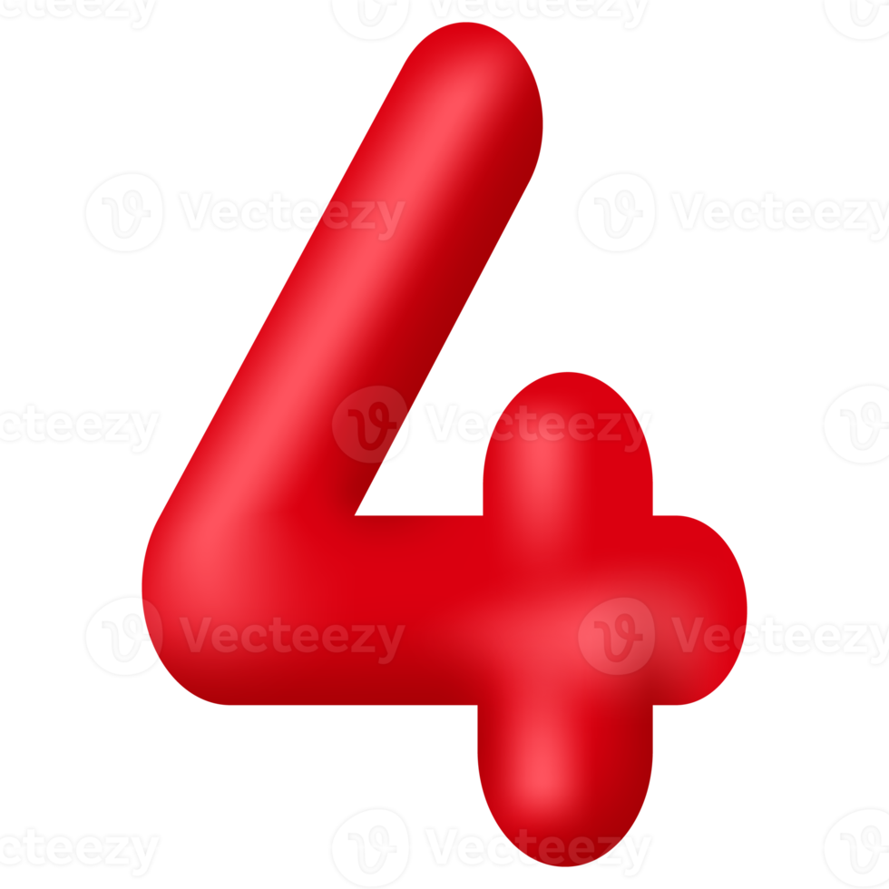 Red 3d number four isolated on transparent background. Decorative elements for banner, birthday or anniversary party. PNG
