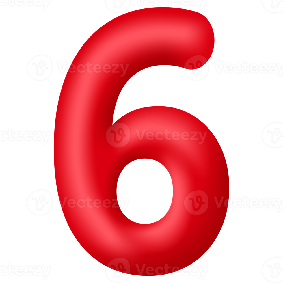 Red 3d number six isolated on transparent background. Decorative elements for banner, birthday or anniversary party. PNG