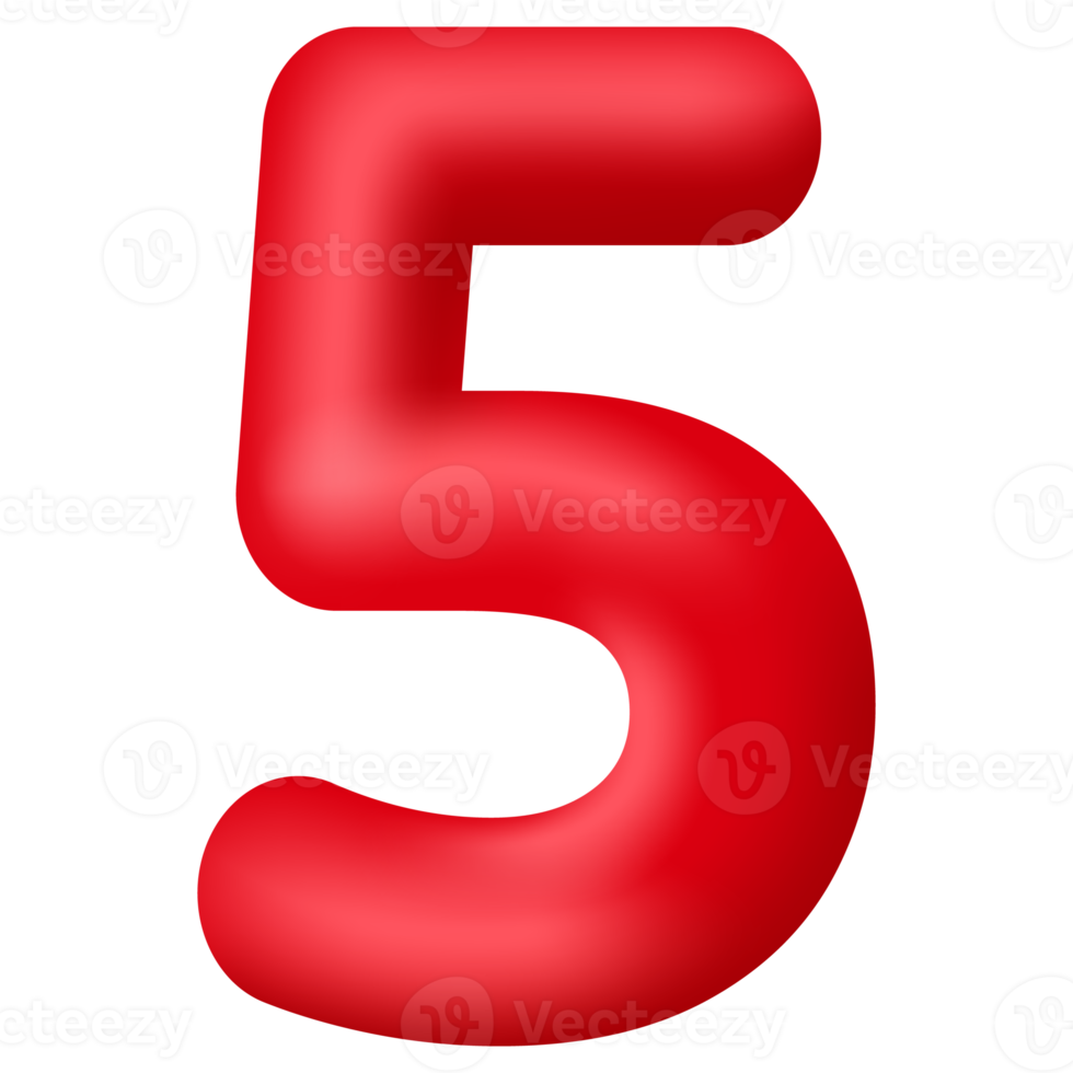 Red 3d number five isolated on transparent background. Decorative elements for banner, birthday or anniversary party. PNG