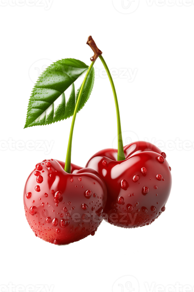 Fresh juicy cherries with water drops isolated on transparent background. Generative AI. PNG