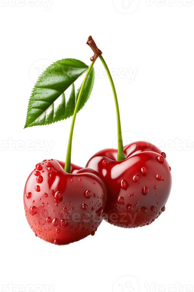 Fresh juicy cherries with water drops isolated on transparent background. Generative AI. PNG