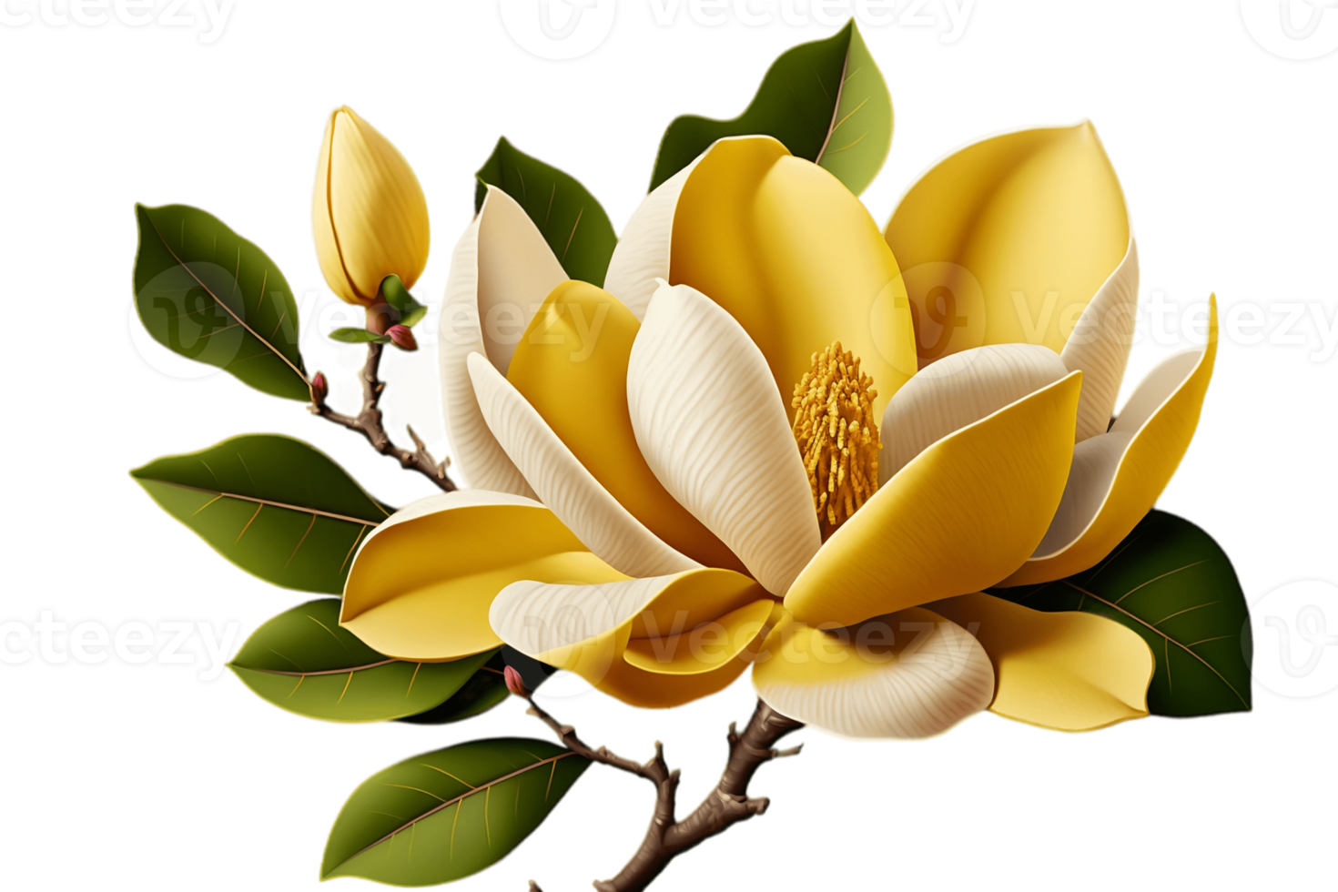 Realistic yellow magnolia isolated on transparent background. Beautiful spring flower. Generative AI. PNG