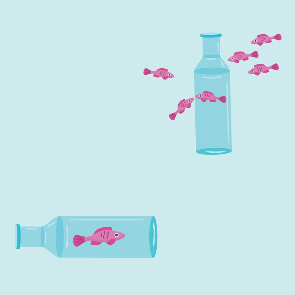 Silhouette of a pink fish in a bottle. ocean pollution concept. Seamless pattern. Cartoon style. Vector illustration.