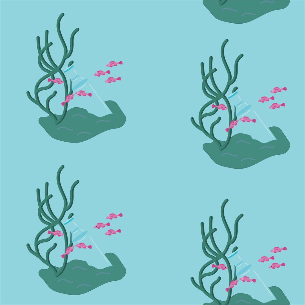 Silhouette of a pink fish in a bottle. ocean pollution concept. Seamless pattern. Cartoon style. Vector illustration.