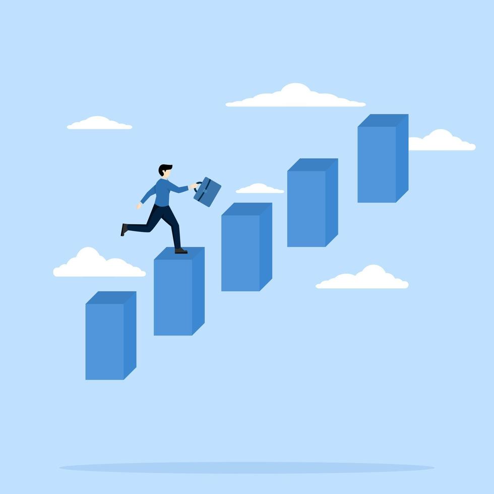 Career advancement, business development or growth, improvement opportunity concept, salary or job, promotion to more responsibility, successful businessman increasing progress bar chart ladder. vector