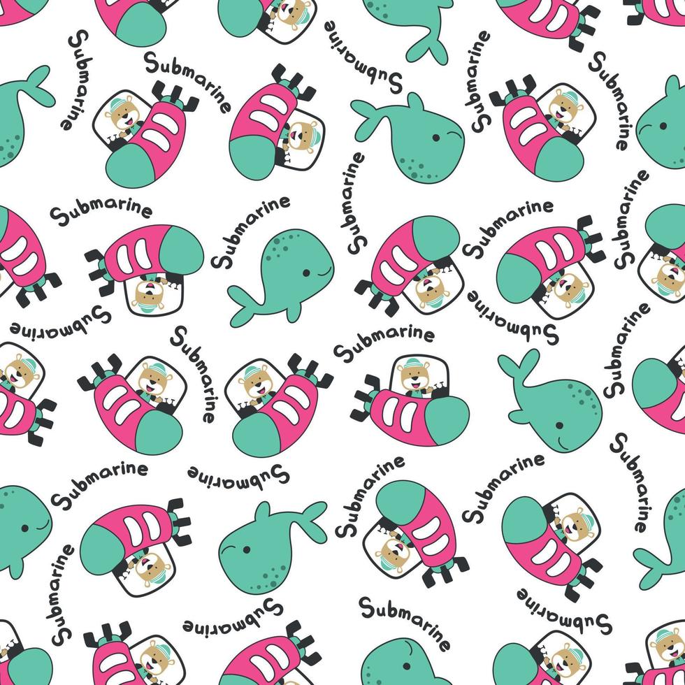 Seamless pattern of submarine with cute sailor under sea. Cute Marine pattern vector