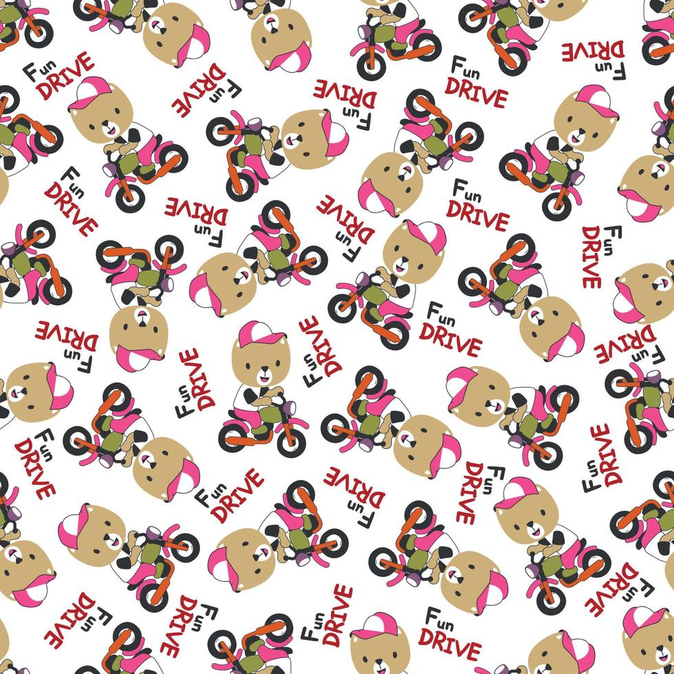 Seamless pattern texture with Cute little animal Riding motorcycle, Cartoon Vector Icon Illustration.