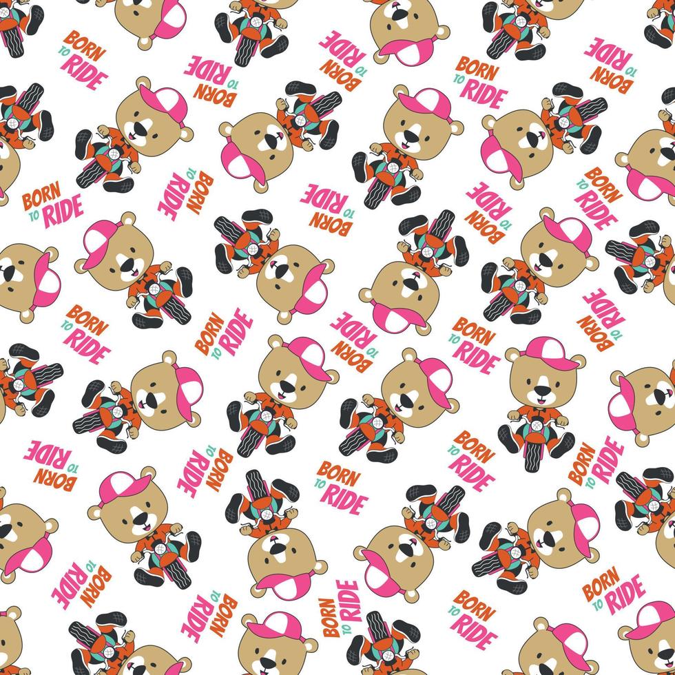 Seamless pattern texture with Cute little animal Riding motorcycle, Cartoon Vector Icon Illustration.