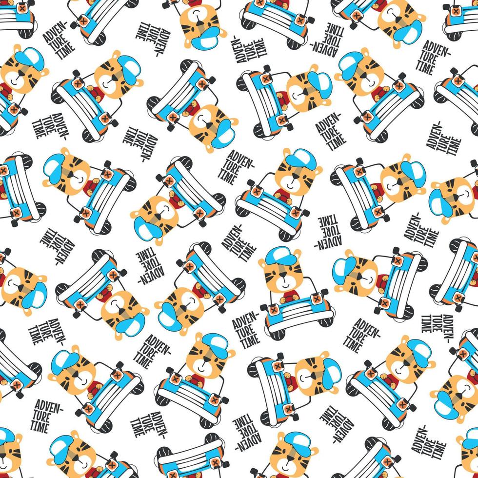 Seamless pattern of funy animal driving the blue car. Can be used for t-shirt print and other decoration. vector