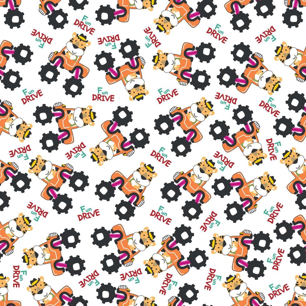 Seamless pattern vector of monster truck with little animal driver. Creative vector childish background