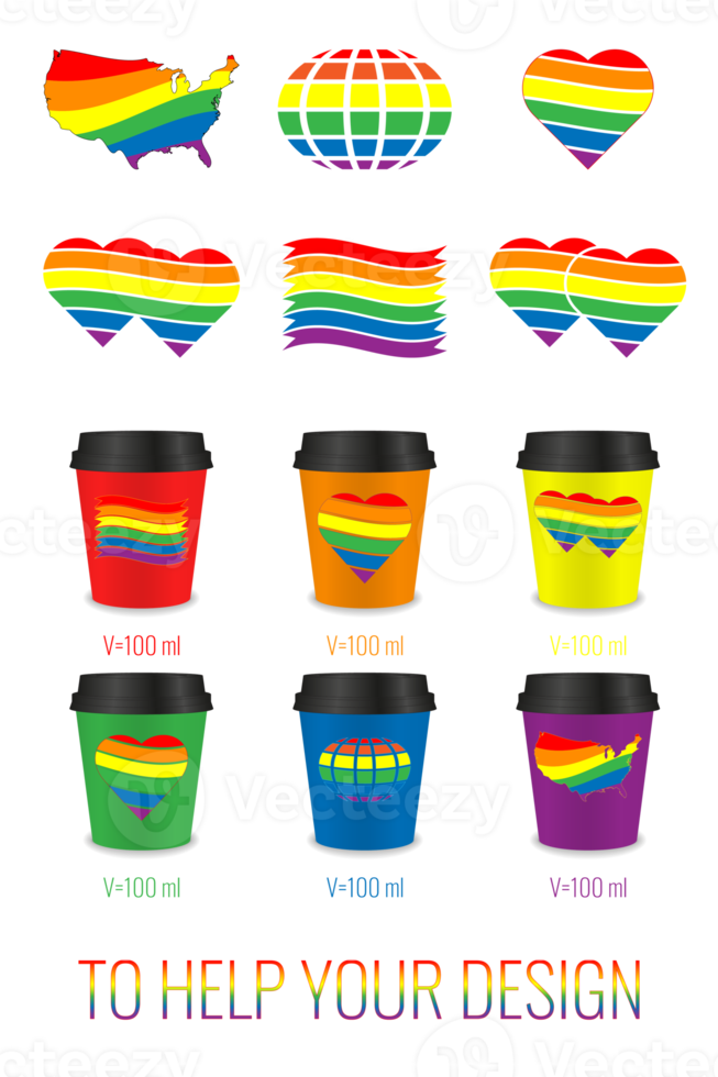 conjunto do ilustrações do 100ml solteiro camada papel copos com lgbt logotipos. arco Iris ícone definir. Socorro gráfico designer. png