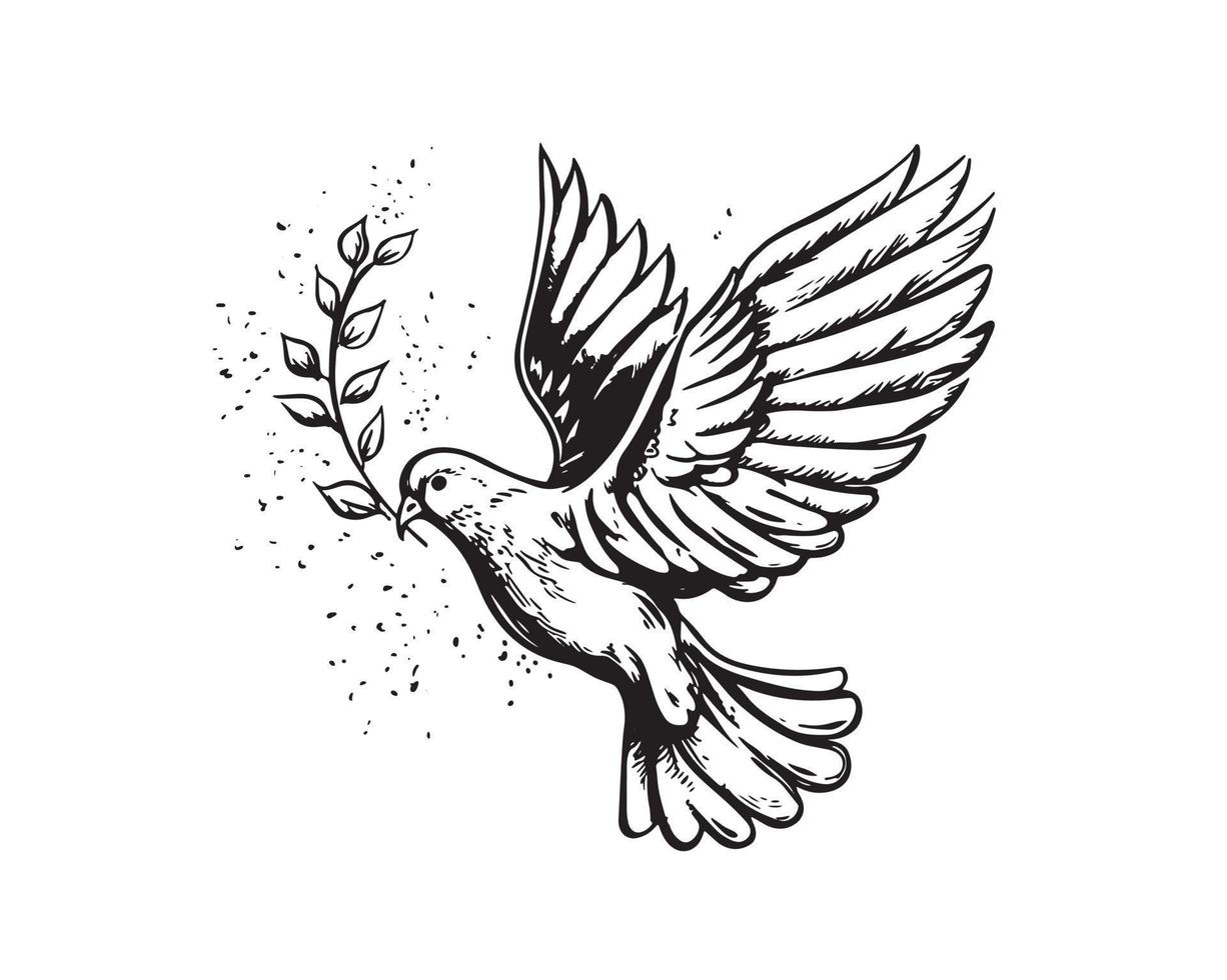 Flying dove of peace with an olive twig, hand drawn Illustration, vector