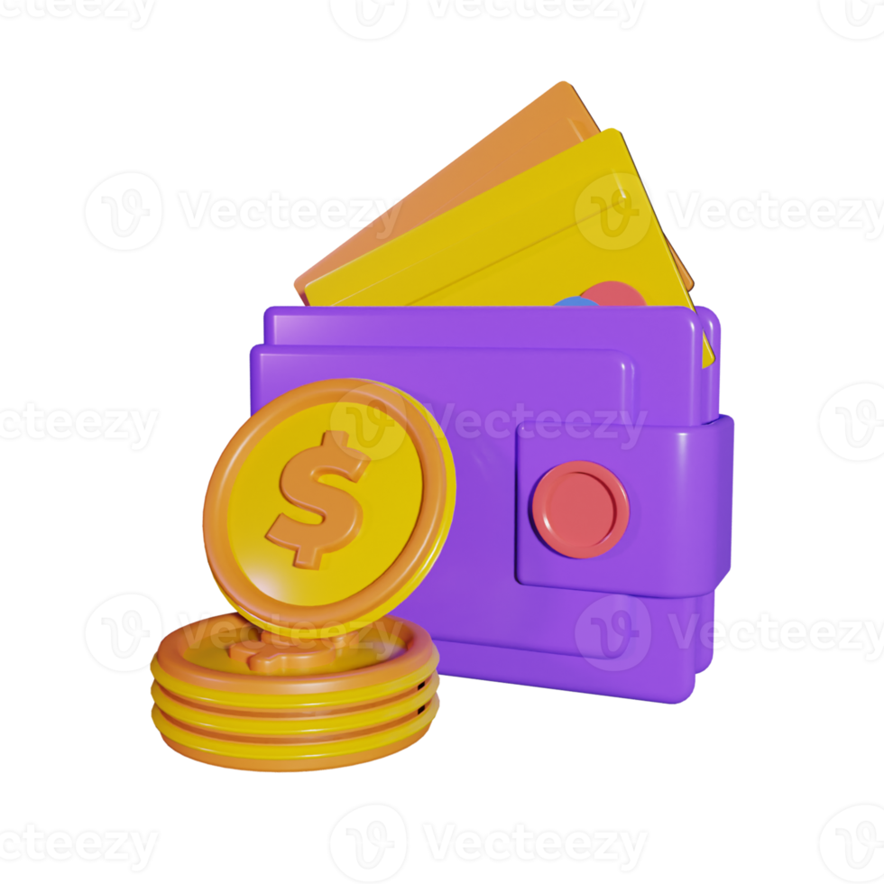 billetera con oro moneda y crédito tarjeta 3d icono png