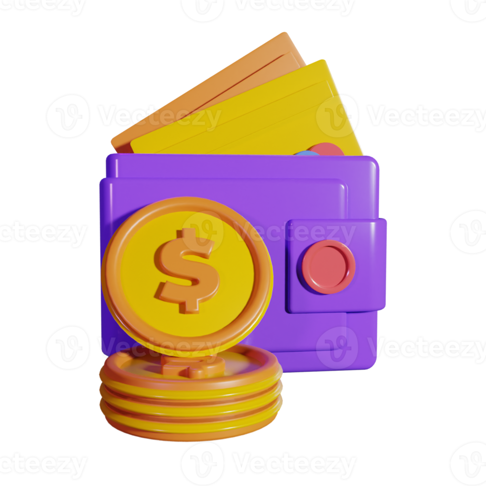 billetera con oro moneda y crédito tarjeta 3d icono png