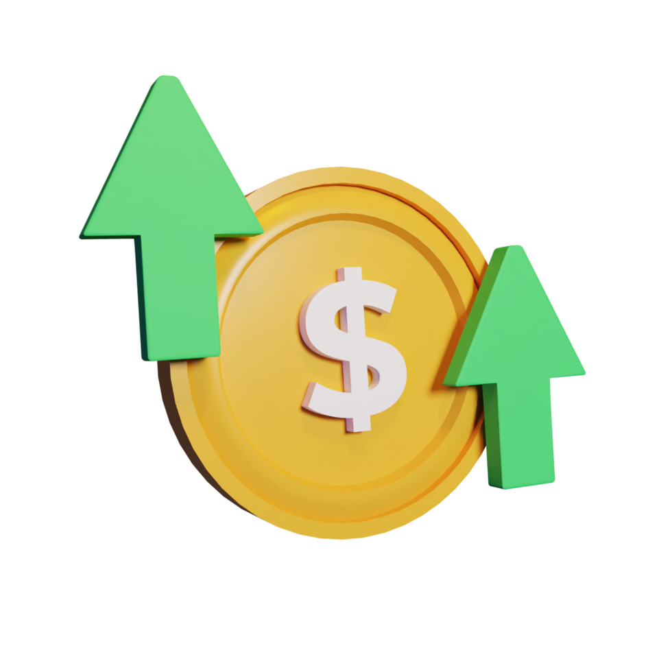 Gold coin increase with dollar sign isolated transparent background 3d render icon design png