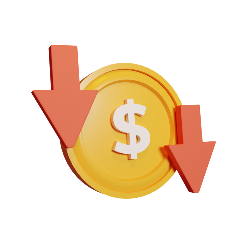 Gold coin reduction with dollar sign isolated transparent background 3d render icon design png