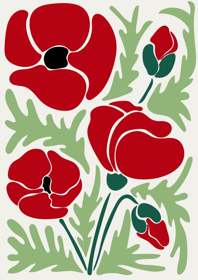 Trendy floral retro poster with red poppies vector