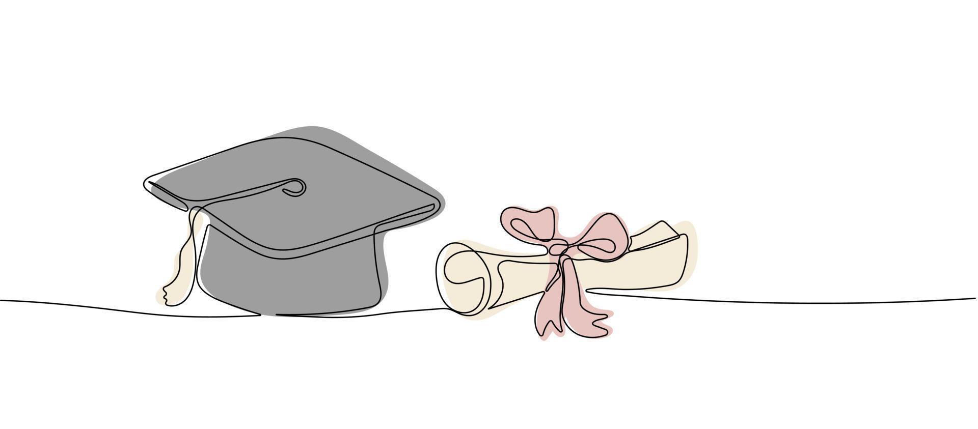 continuo uno línea dibujo graduación gorra con diploma vector