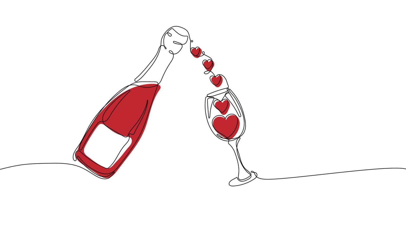 Continuous line drawing of bottle and glass of wine in heart shape vector