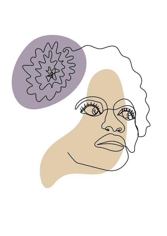 One line woman portrait. Hand drawn abstract face with flower vector