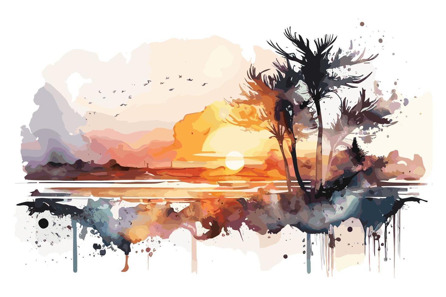 watercolor sunset at the beach illustration for social media ads, posters, banners, and book covers design vector