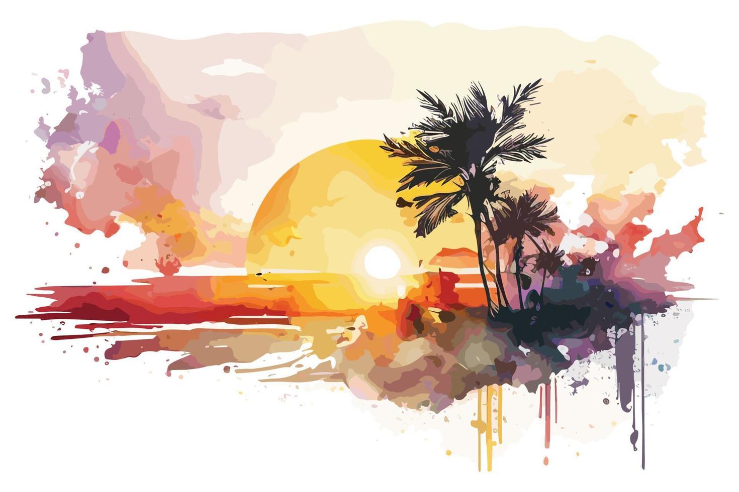 watercolor sunset at the beach illustration for social media ads, posters, banners, and book covers design vector