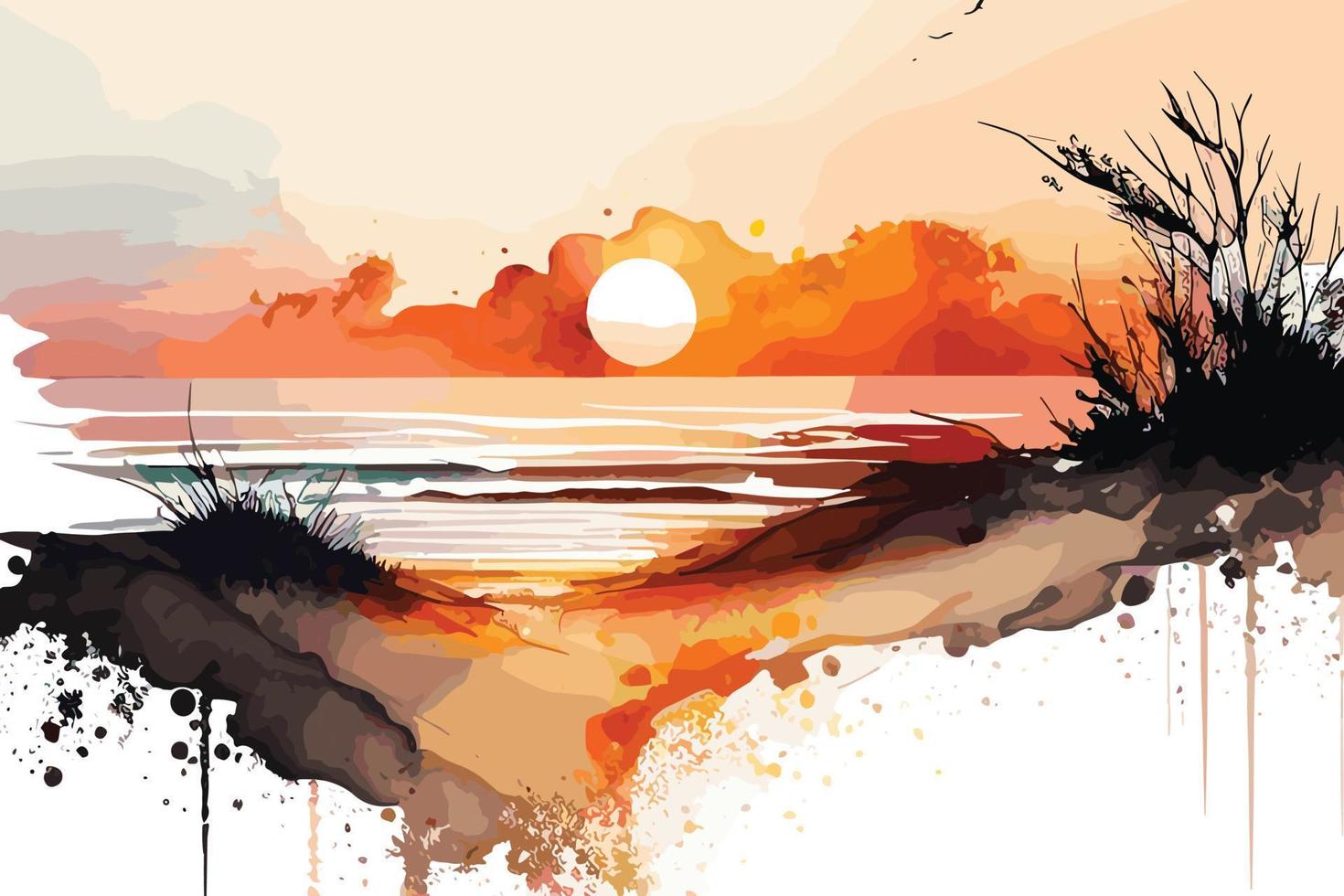 watercolor sunset at the beach illustration for social media ads, posters, banners, and book covers design vector