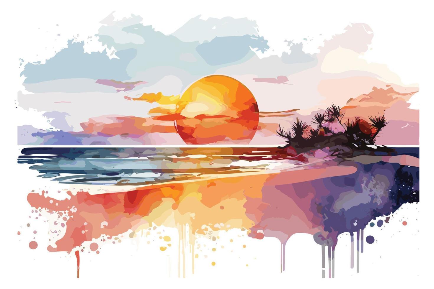 watercolor sunset at the beach illustration for social media ads, posters, banners, and book covers design vector