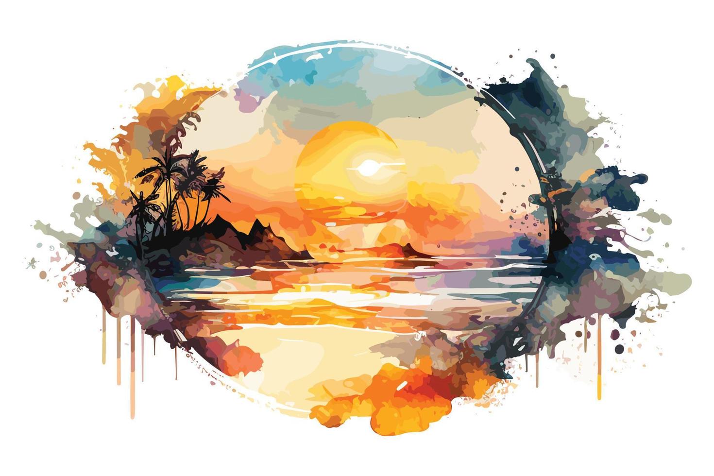 watercolor sunset at the beach illustration for social media ads, posters, banners, and book covers design vector