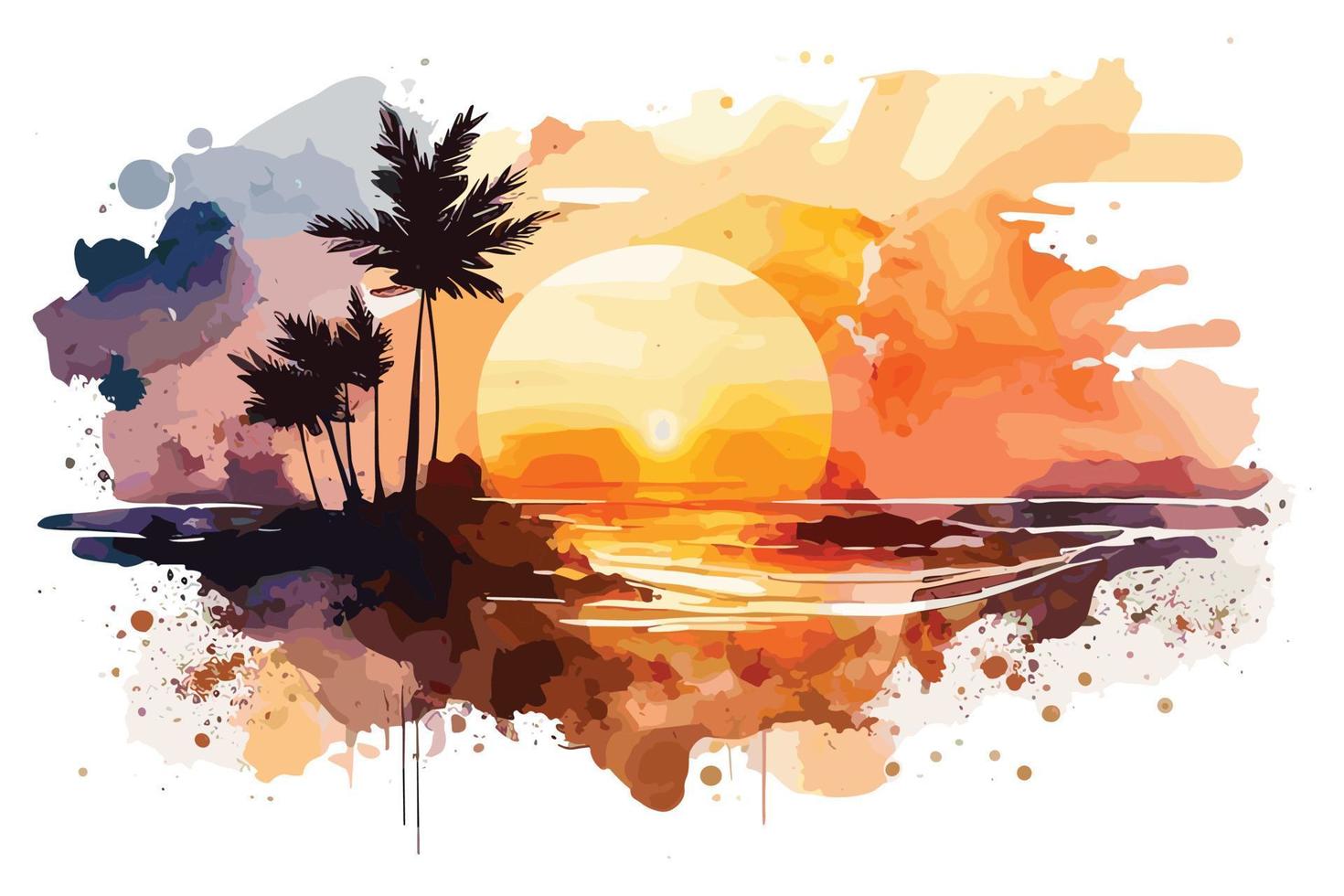 watercolor sunset at the beach illustration for social media ads, posters, banners, and book covers design vector