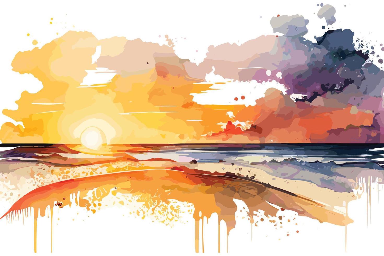 watercolor sunset at the beach illustration for social media ads, posters, banners, and book covers design vector