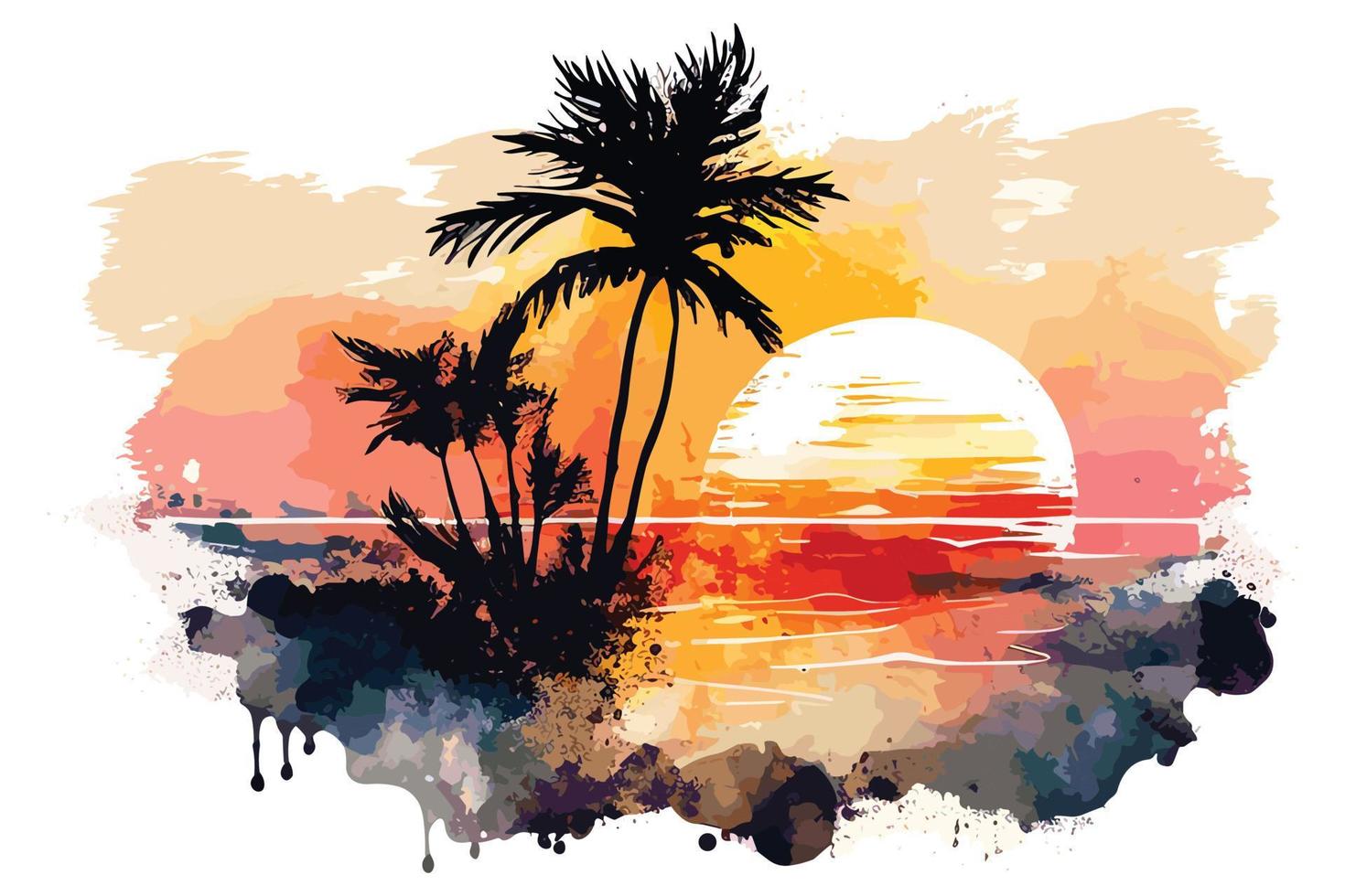 watercolor sunset at the beach illustration for social media ads, posters, banners, and book covers design vector