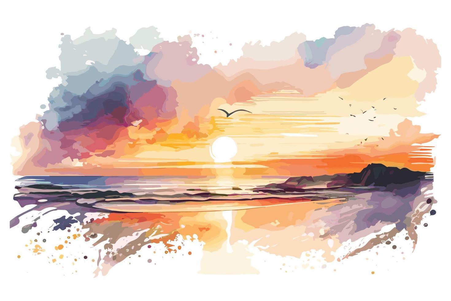 watercolor sunset at the beach illustration for social media ads, posters, banners, and book covers design vector