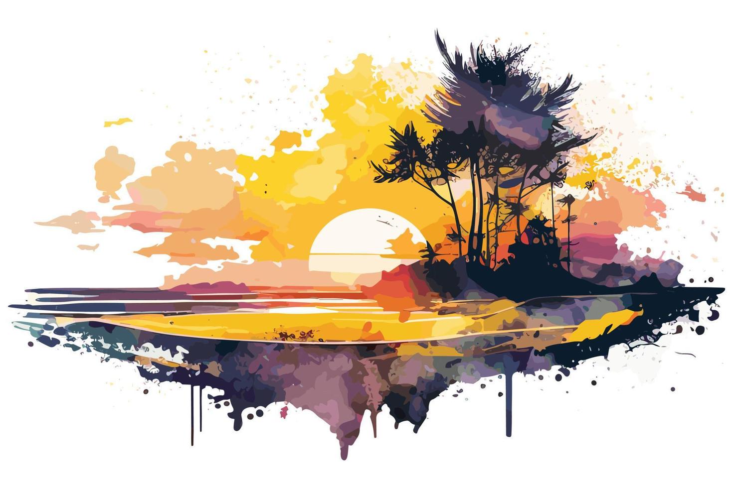 watercolor sunset at the beach illustration for social media ads, posters, banners, and book covers design vector
