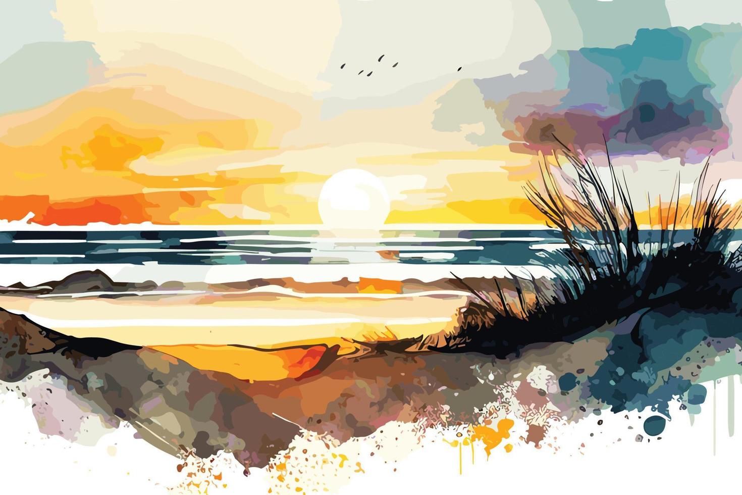 watercolor sunset at the beach illustration for social media ads, posters, banners, and book covers design vector