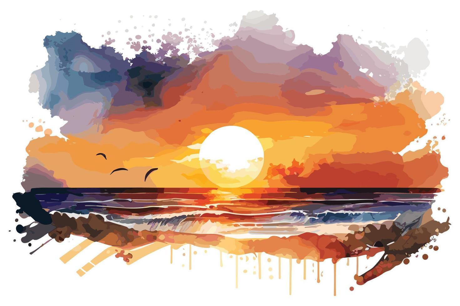 watercolor sunset at the beach illustration for social media ads, posters, banners, and book covers design vector