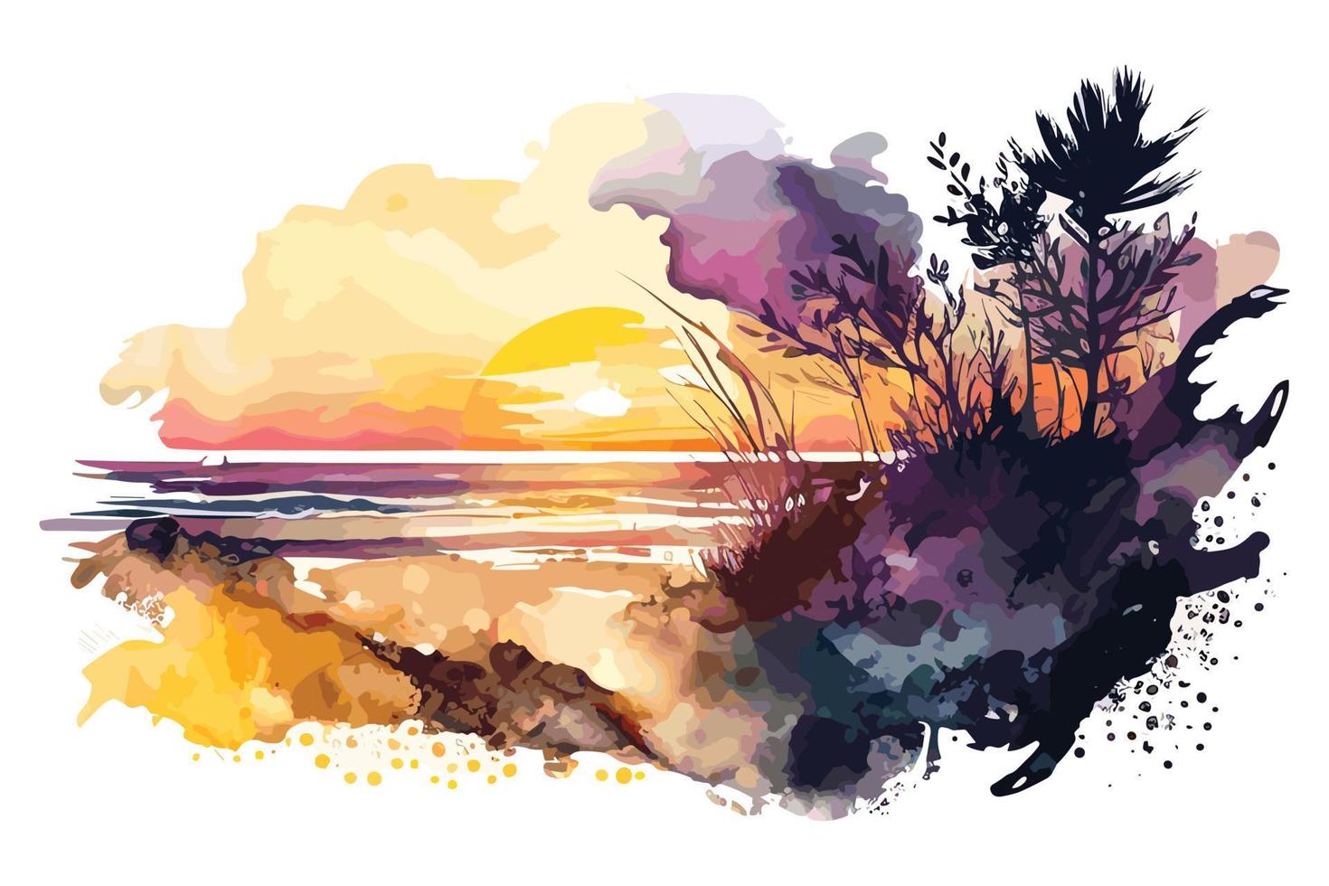 watercolor sunset at the beach illustration for social media ads, posters, banners, and book covers design vector