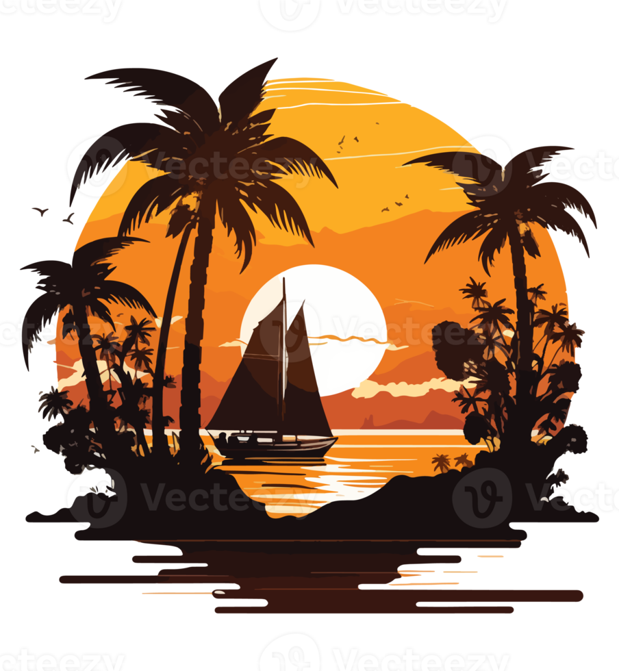 tropical island with sunset palm tree and boat png