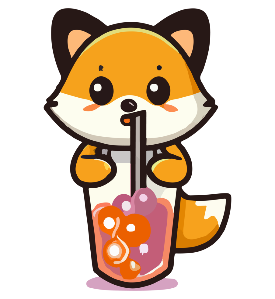 cute cartoon style fox drink bubble tea png