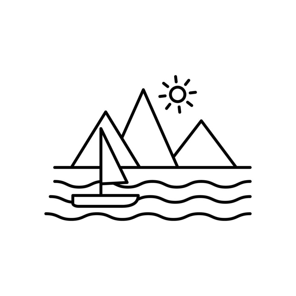 Sailboat by the mountains line, outline vector sign, linear style pictogram vector icon