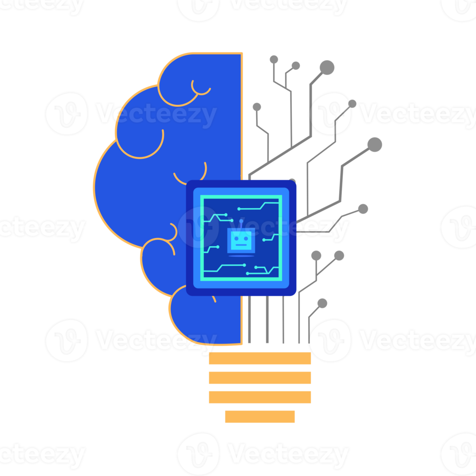 Ai CPU with brain and circuit in light bulb. png