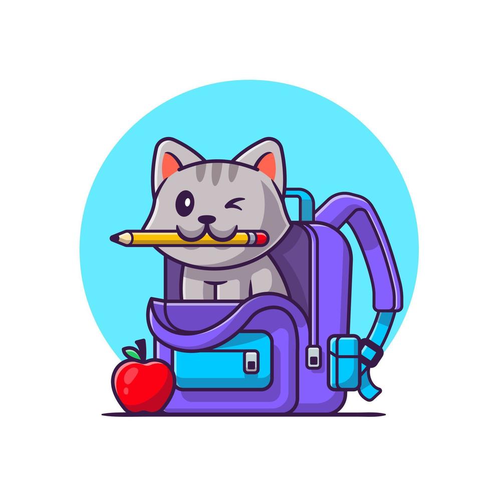 Cute Cat Biting Pencil With Bag And Apple Cartoon Vector Icon Illustration. Animal Education Icon Concept Isolated Premium Vector. Flat Cartoon Style