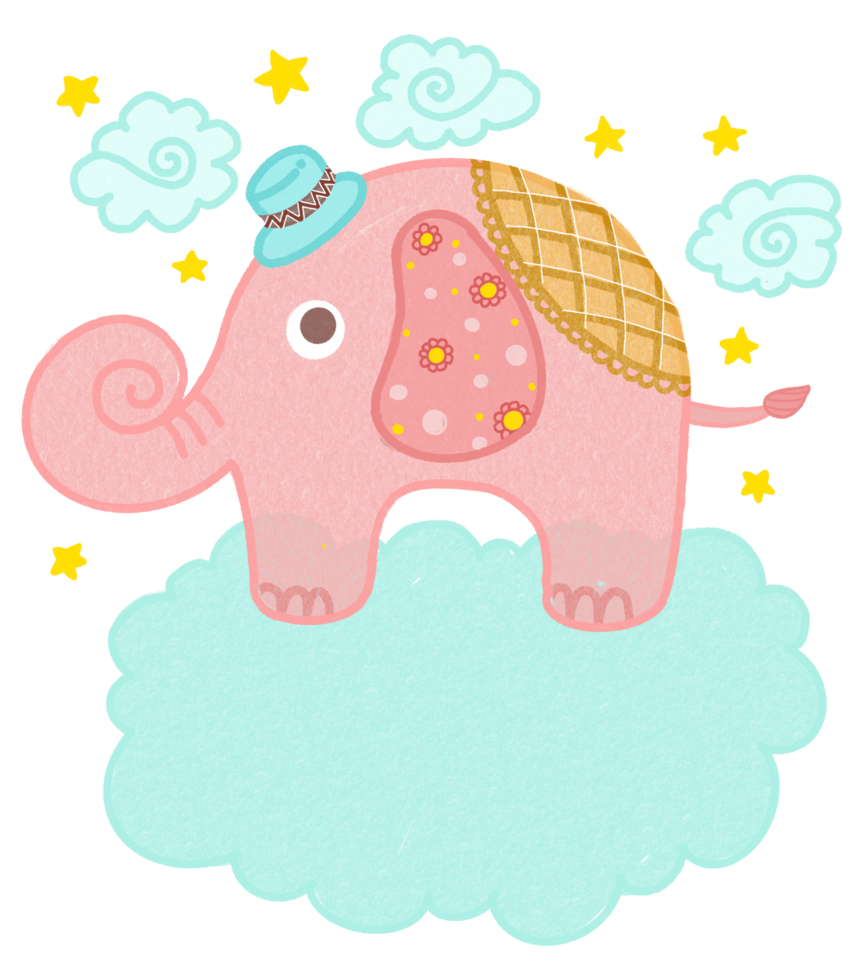 Cute Pink Elephant with Hat Riding a Cloud png