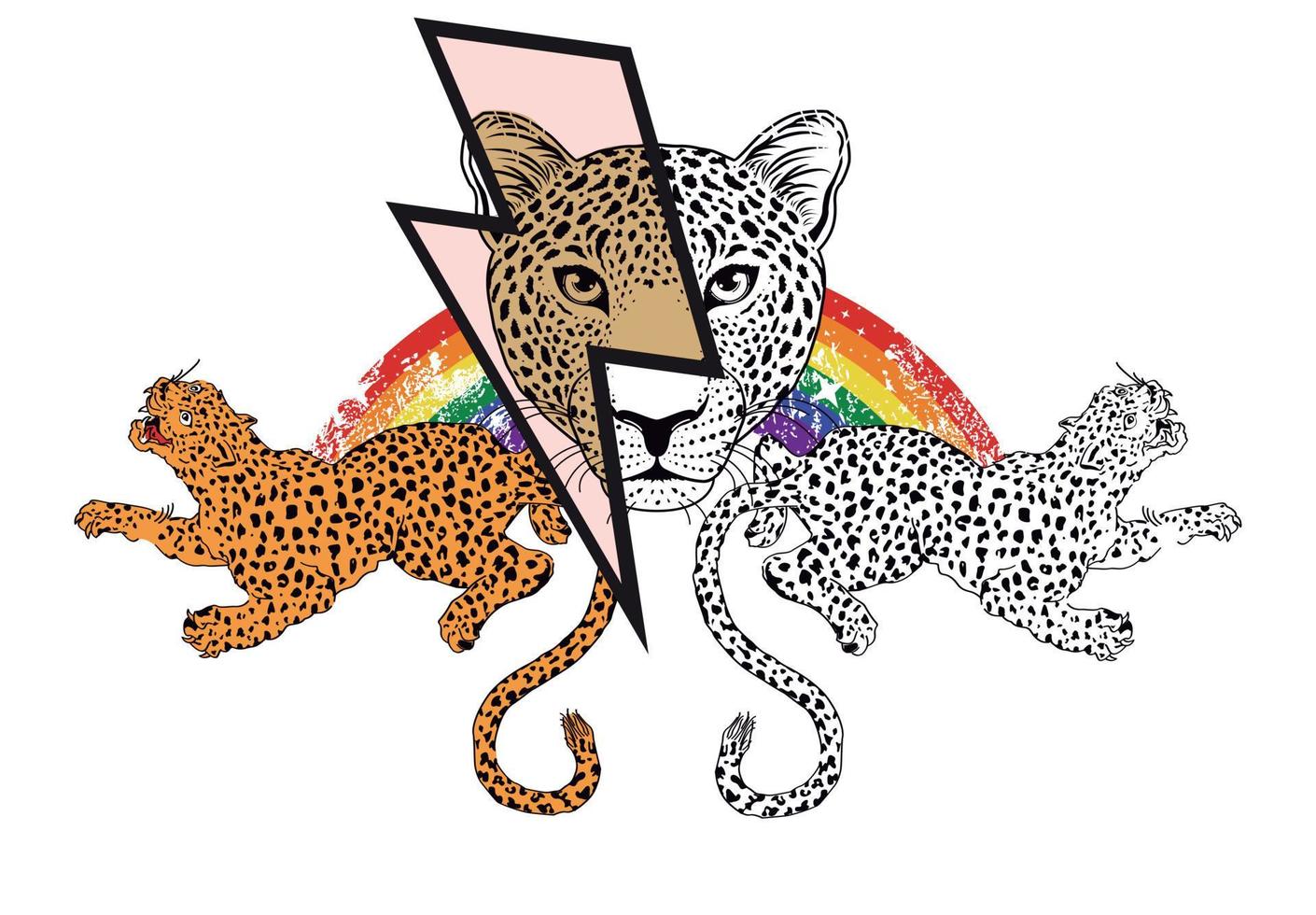 lightning symbol t-shirt design with leopard head and rainbow. Vector illustration for gay pride day.